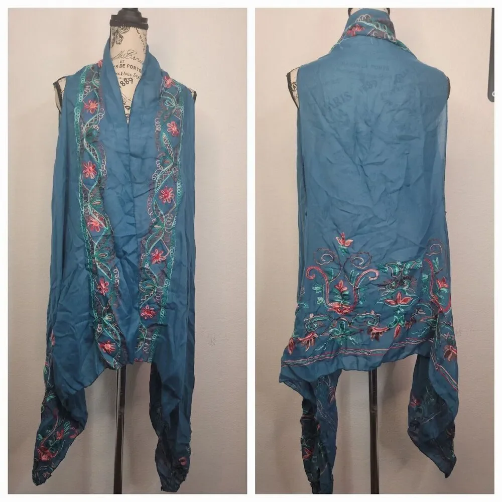 Pretty Angel Kimono Cardigan One Size Linen Blend Floral Embroidered Asymmetric